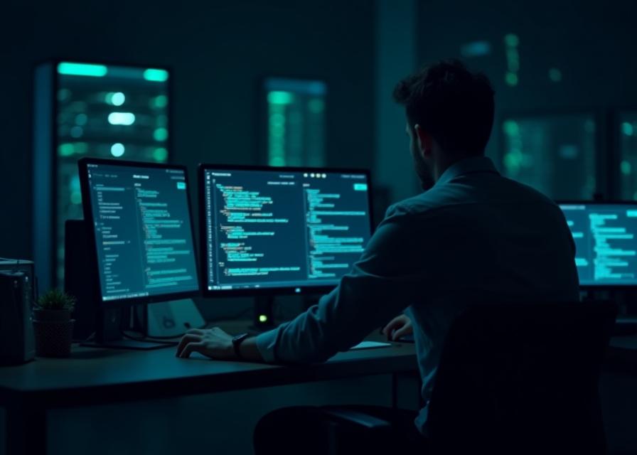 Developer working on secure backend code with multiple screens